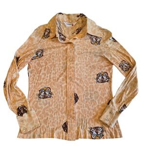 Vintage Lady Arrow Leopard Tiger Print Button Down Shirt Long Sleeve Tan 70s